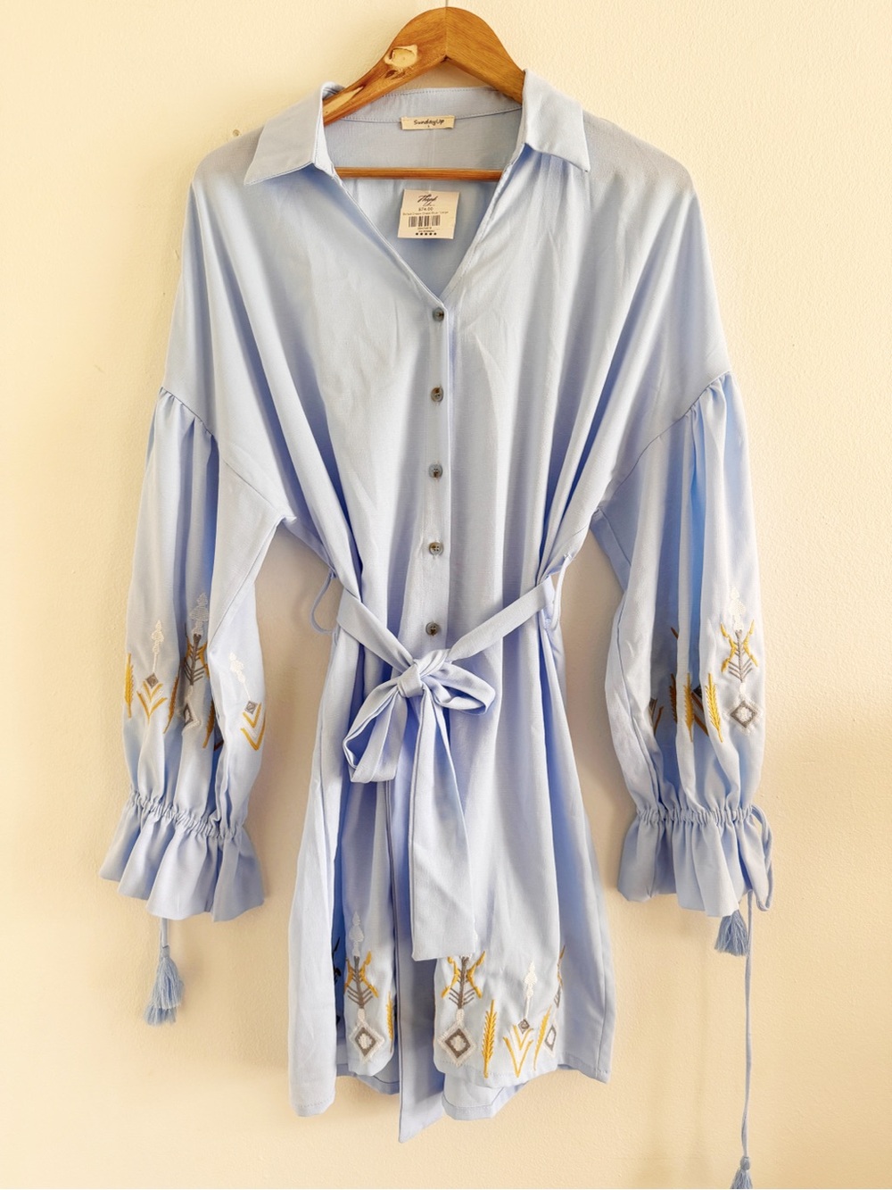 Sunday Up Light Blue Embroidered Dress with Tie Waist Large NWT